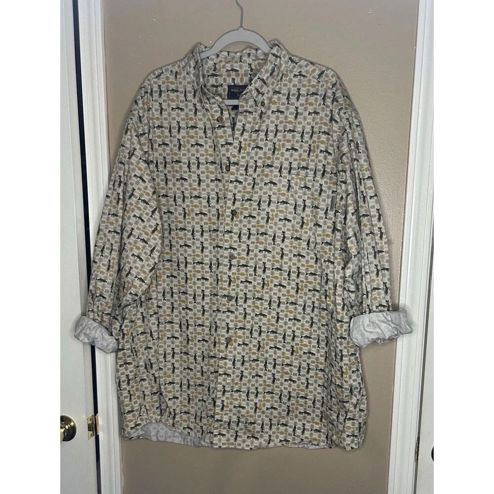 Woolrich Shirt Men’s 2XL Tall Tan Bass Trout Fish Button Up Cotton Outdoor Wild